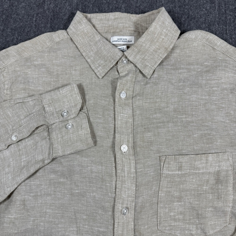 Caribbean Joe Mens L 100% Linen Shirt Beige Long Sleeve European Flax Coastal
